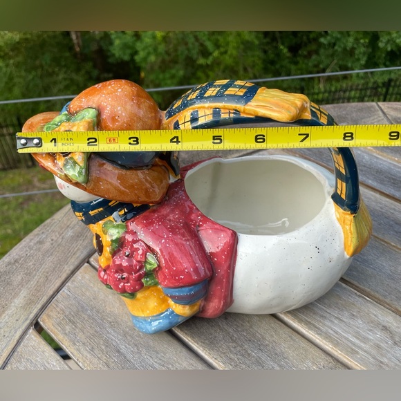 Vintage 90s Ceramic Girl Christmas - Autumn Snowman Planter With Handle - Picture 8 of 9